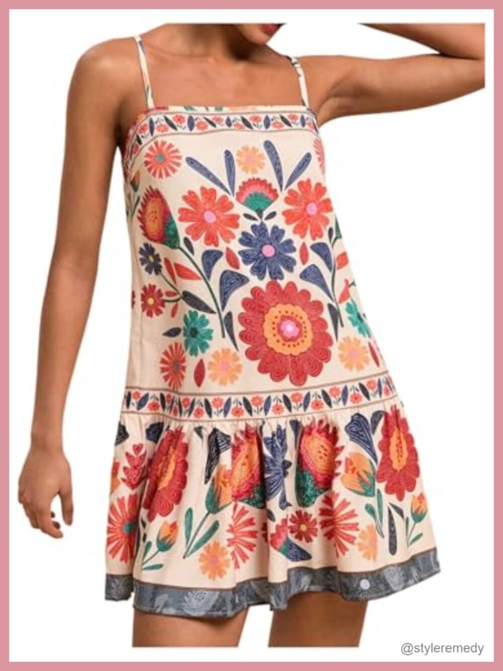 Floral Boho Mini Cami Dress Ruffle Hem Sleeveless Square Neck A-Line